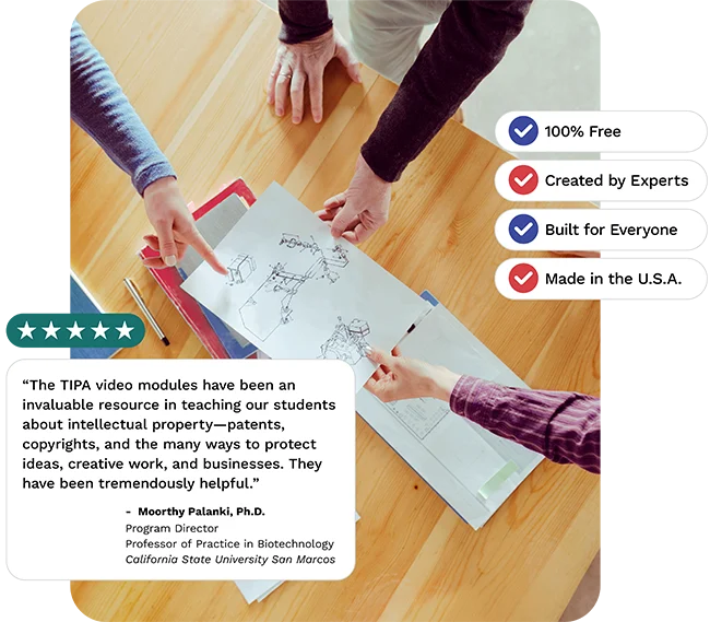 Two people review sketches on a wooden table. A testimonial praises TIPA video modules, and four badges indicate: 100% Free, Created by Experts, Built for Everyone, and Made in the U.S.A.