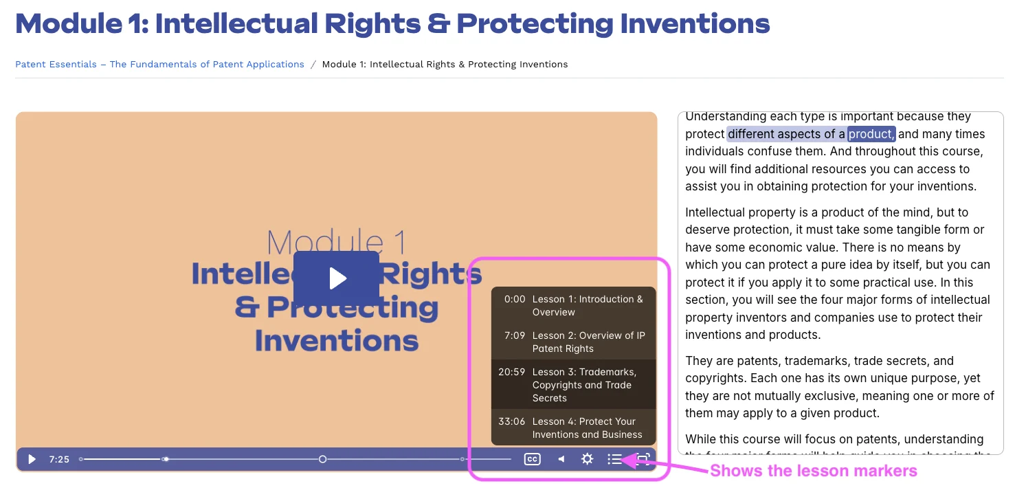 lesson-markers Screenshot of an online course video titled Module 1: Intellectual Rights & Protecting Inventions, with a sidebar showing lesson markers and a pink annotation highlighting where the lesson markers appear.